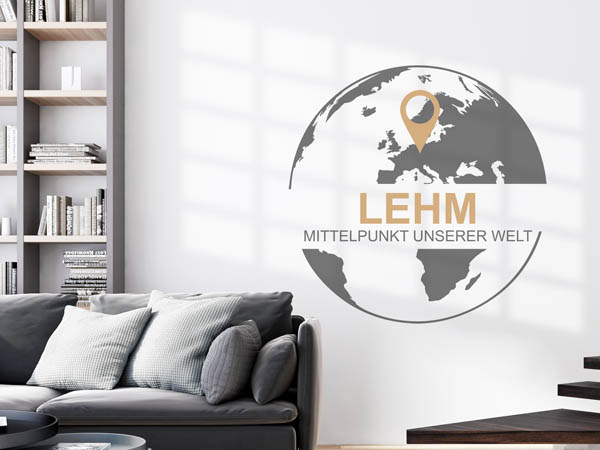 Wandtattoo Lehm - Mittelpunkt unserer Welt mit Pin im Globus