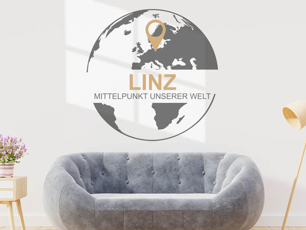 Wandtattoo Linz - Mittelpunkt unserer Welt mit Pin im Globus