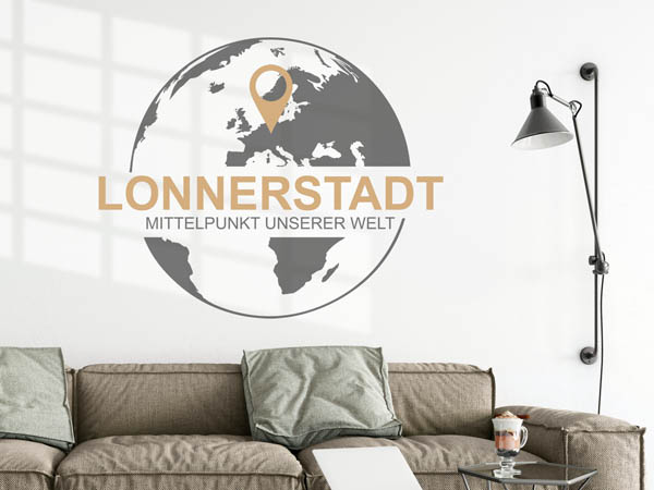 Wandtattoo Lonnerstadt - Mittelpunkt unserer Welt mit Pin im Globus