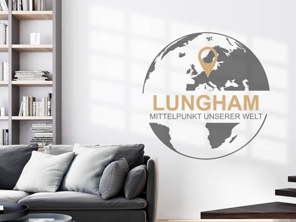 Wandtattoo Lungham - Mittelpunkt unserer Welt mit Pin im Globus