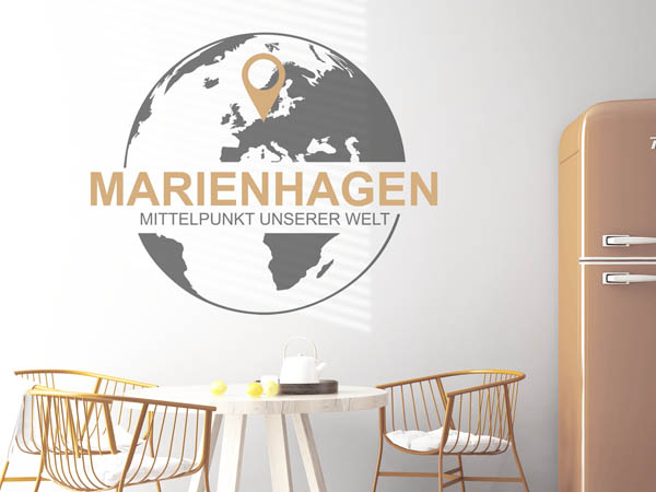 Wandtattoo Marienhagen - Mittelpunkt unserer Welt mit Pin im Globus