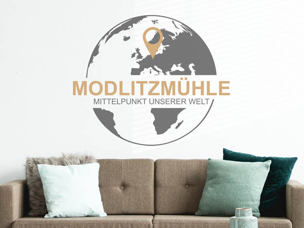 Wandtattoo Modlitzmühle - Mittelpunkt unserer Welt mit Pin im Globus