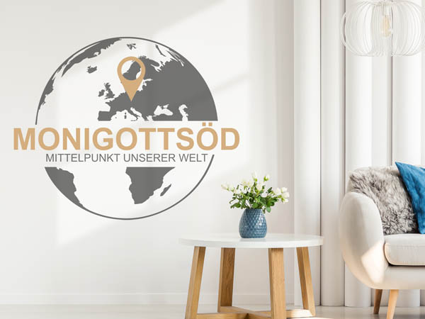 Wandtattoo Monigottsöd - Mittelpunkt unserer Welt mit Pin im Globus