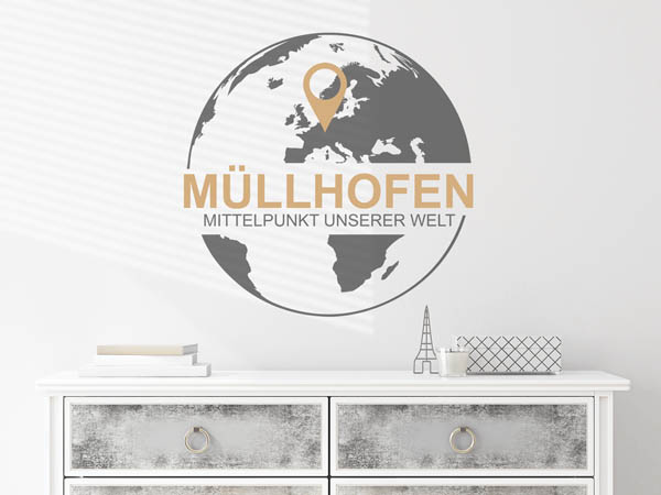 Wandtattoo Müllhofen - Mittelpunkt unserer Welt mit Pin im Globus