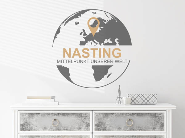 Wandtattoo Nasting - Mittelpunkt unserer Welt mit Pin im Globus