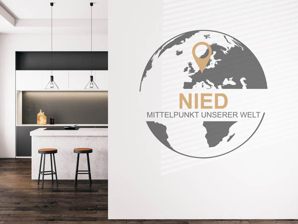 Wandtattoo Nied - Mittelpunkt unserer Welt mit Pin im Globus