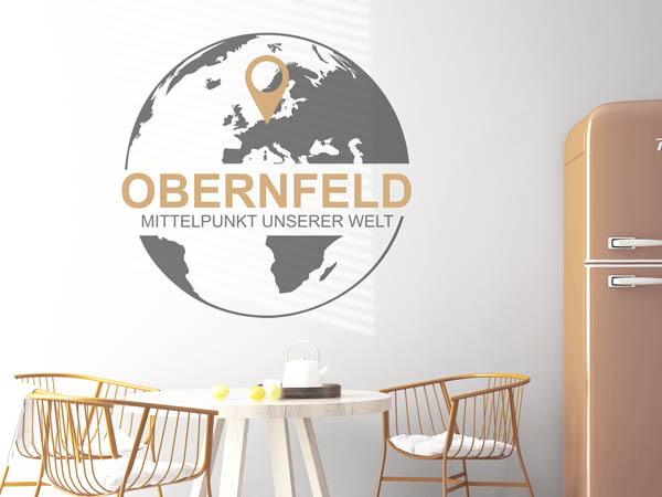 Wandtattoo Obernfeld - Mittelpunkt unserer Welt mit Pin im Globus
