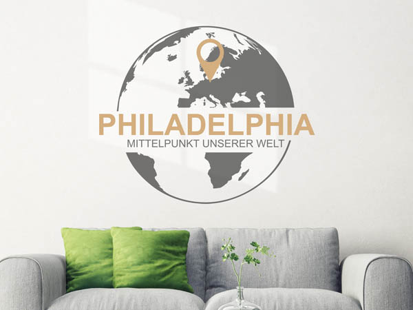 Wandtattoo Philadelphia - Mittelpunkt unserer Welt mit Pin im Globus