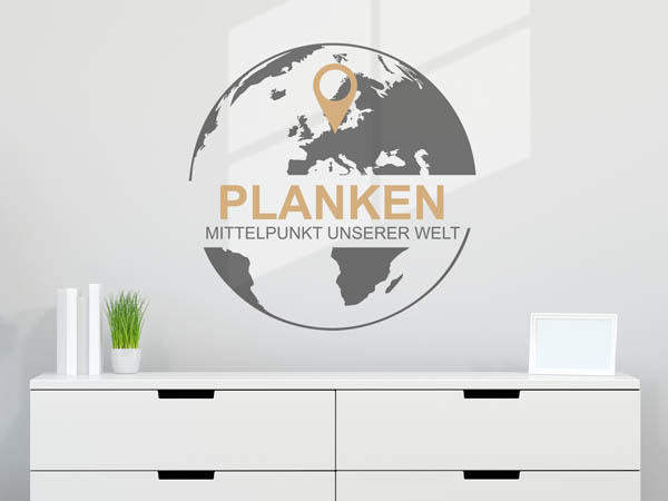 Wandtattoo Planken - Mittelpunkt unserer Welt mit Pin im Globus