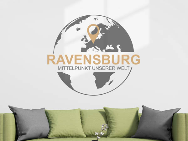 Wandtattoo Ravensburg - Mittelpunkt unserer Welt mit Pin im Globus