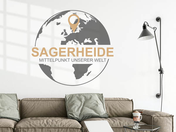Wandtattoo Sagerheide - Mittelpunkt unserer Welt mit Pin im Globus