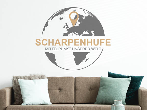 Wandtattoo Scharpenhufe - Mittelpunkt unserer Welt mit Pin im Globus