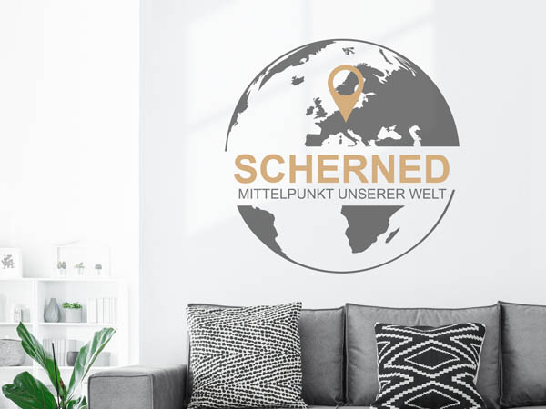 Wandtattoo Scherned - Mittelpunkt unserer Welt mit Pin im Globus