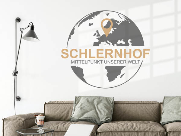 Wandtattoo Schlernhof - Mittelpunkt unserer Welt mit Pin im Globus