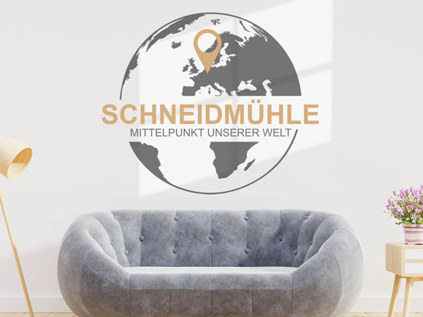 Wandtattoo Schneidmühle - Mittelpunkt unserer Welt mit Pin im Globus