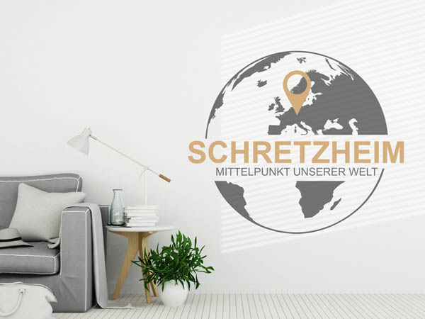 Wandtattoo Schretzheim - Mittelpunkt unserer Welt mit Pin im Globus