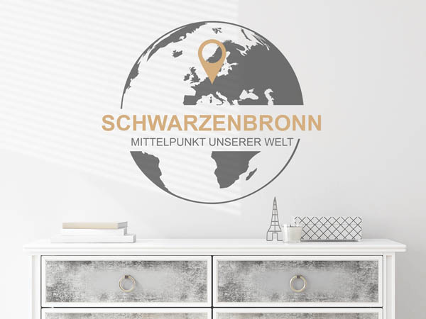 Wandtattoo Schwarzenbronn - Mittelpunkt unserer Welt mit Pin im Globus