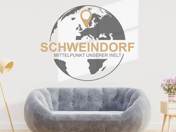 Wandtattoo Schweindorf - Mittelpunkt unserer Welt mit Pin im Globus
