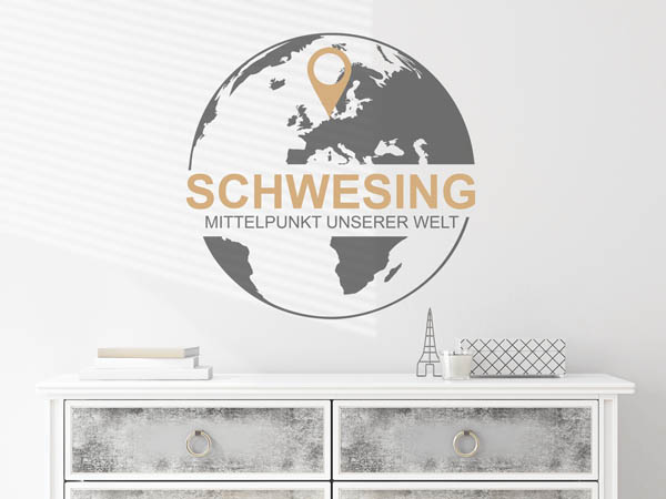 Wandtattoo Schwesing - Mittelpunkt unserer Welt mit Pin im Globus