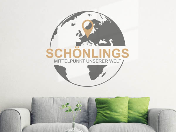 Wandtattoo Schönlings - Mittelpunkt unserer Welt mit Pin im Globus