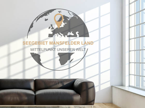 Wandtattoo Seegebiet Mansfelder Land - Mittelpunkt unserer Welt mit Pin im Globus