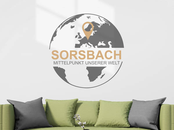 Wandtattoo Sorsbach - Mittelpunkt unserer Welt mit Pin im Globus