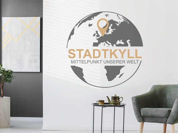 Wandtattoo Stadtkyll - Mittelpunkt unserer Welt mit Pin im Globus