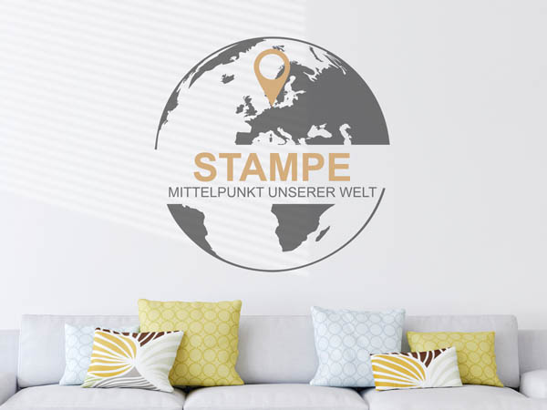 Wandtattoo Stampe - Mittelpunkt unserer Welt mit Pin im Globus