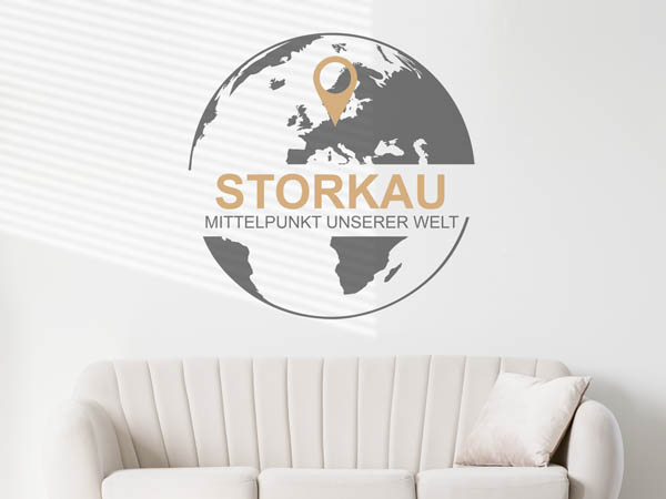 Wandtattoo Storkau - Mittelpunkt unserer Welt mit Pin im Globus