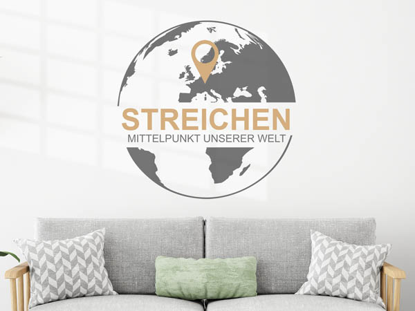 Wandtattoo Streichen - Mittelpunkt unserer Welt mit Pin im Globus