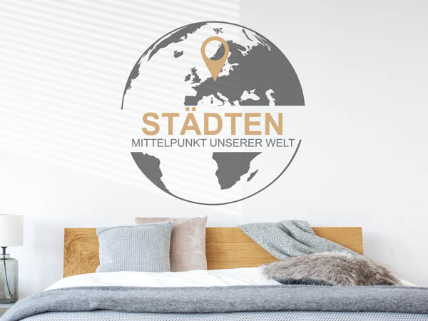 Wandtattoo Städten - Mittelpunkt unserer Welt mit Pin im Globus