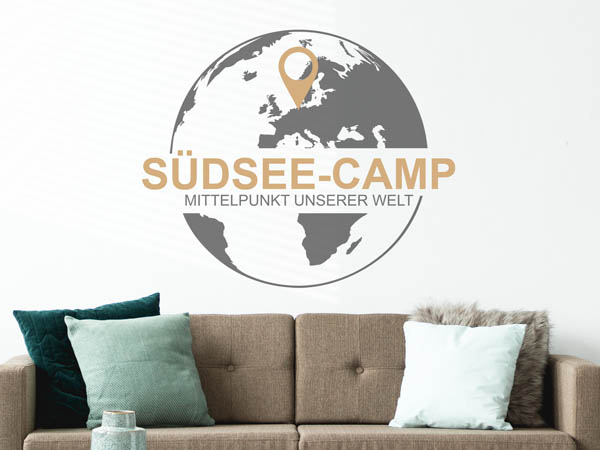 Wandtattoo Südsee-Camp - Mittelpunkt unserer Welt mit Pin im Globus