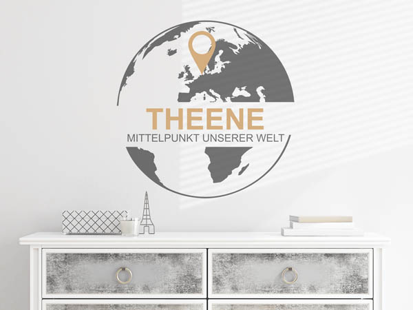 Wandtattoo Theene - Mittelpunkt unserer Welt mit Pin im Globus