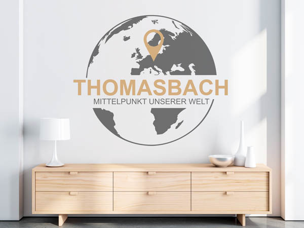 Wandtattoo Thomasbach - Mittelpunkt unserer Welt mit Pin im Globus