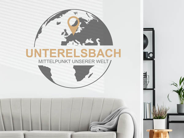 Wandtattoo Unterelsbach - Mittelpunkt unserer Welt mit Pin im Globus