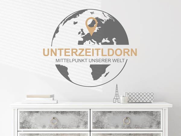 Wandtattoo Unterzeitldorn - Mittelpunkt unserer Welt mit Pin im Globus