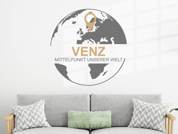 Wandtattoo Venz - Mittelpunkt unserer Welt mit Pin im Globus