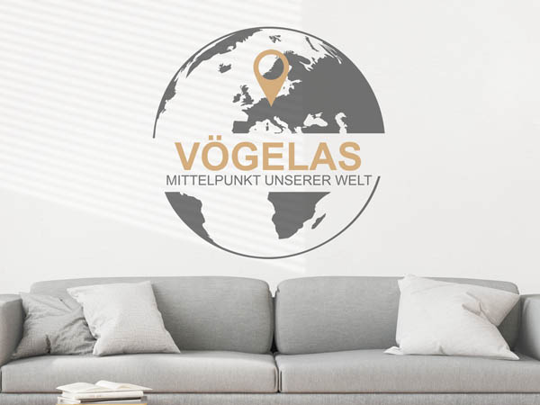 Wandtattoo Vögelas - Mittelpunkt unserer Welt mit Pin im Globus