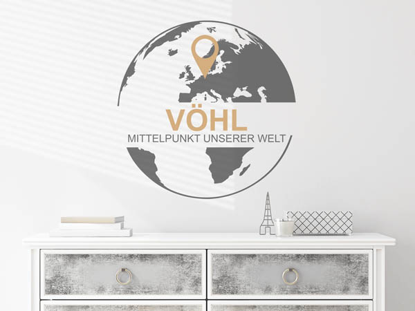 Wandtattoo Vöhl - Mittelpunkt unserer Welt mit Pin im Globus