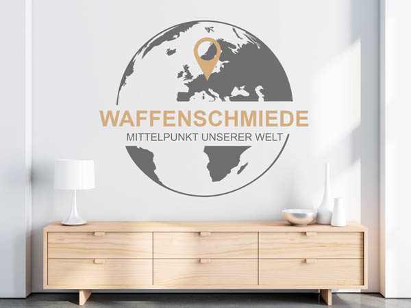 Wandtattoo Waffenschmiede - Mittelpunkt unserer Welt mit Pin im Globus