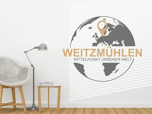 Wandtattoo Weitzmühlen - Mittelpunkt unserer Welt mit Pin im Globus