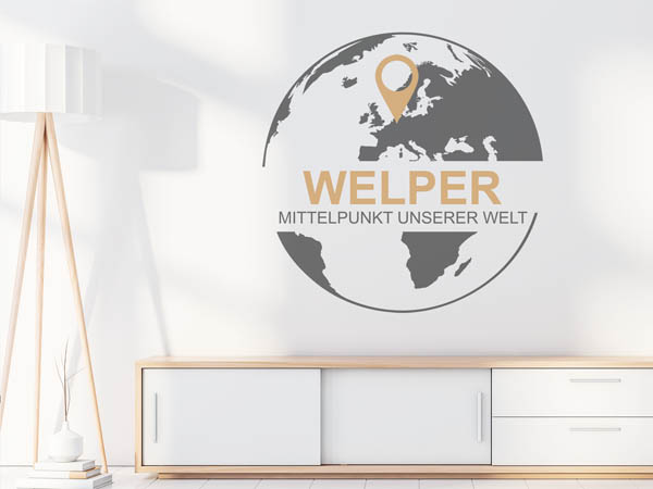 Wandtattoo Welper - Mittelpunkt unserer Welt mit Pin im Globus