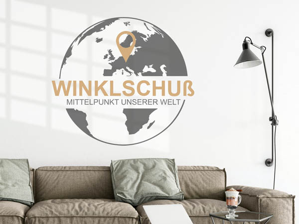 Wandtattoo Winklschuß - Mittelpunkt unserer Welt mit Pin im Globus