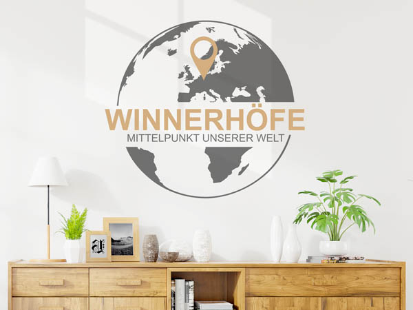 Wandtattoo Winnerhöfe - Mittelpunkt unserer Welt mit Pin im Globus