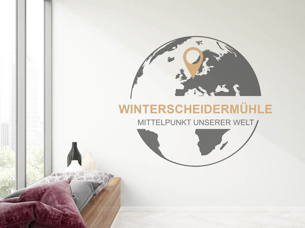 Wandtattoo Winterscheidermühle - Mittelpunkt unserer Welt mit Pin im Globus