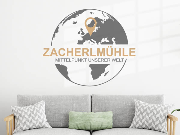 Wandtattoo Zacherlmühle - Mittelpunkt unserer Welt mit Pin im Globus