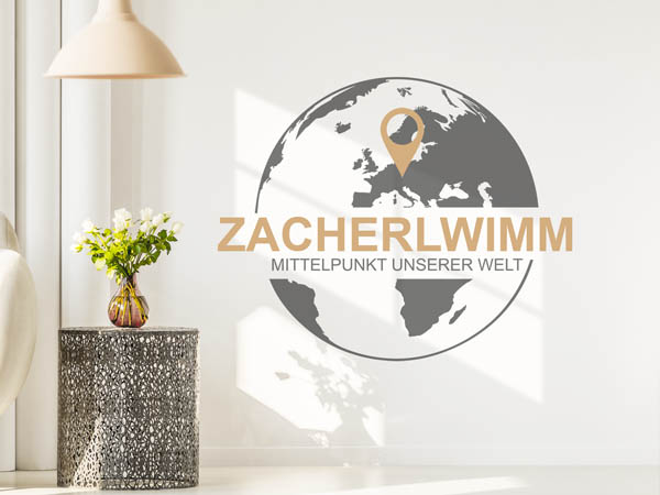 Wandtattoo Zacherlwimm - Mittelpunkt unserer Welt mit Pin im Globus
