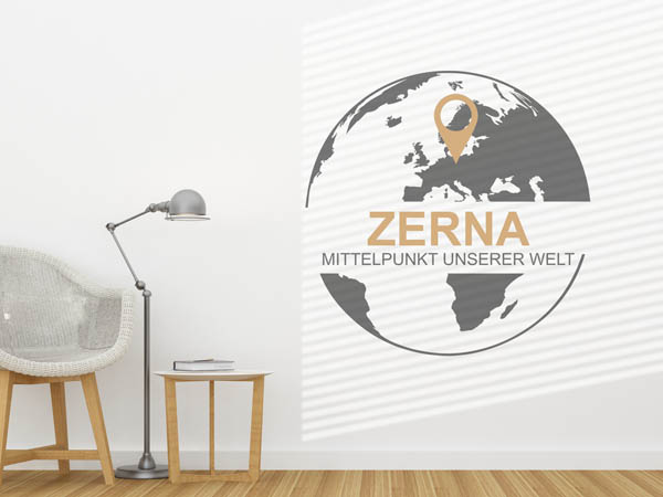 Wandtattoo Zerna - Mittelpunkt unserer Welt mit Pin im Globus