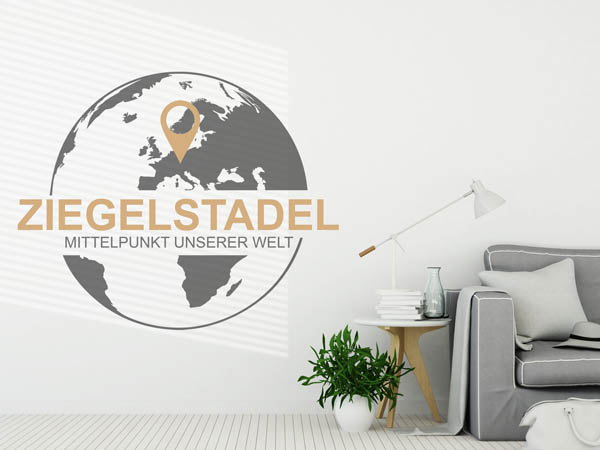 Wandtattoo Ziegelstadel - Mittelpunkt unserer Welt mit Pin im Globus