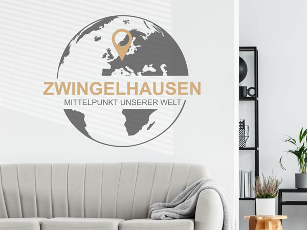 Wandtattoo Zwingelhausen - Mittelpunkt unserer Welt mit Pin im Globus